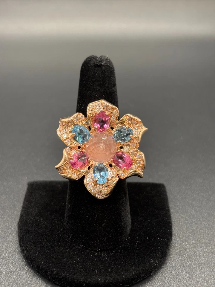 Rose Quartz & Pink/Blue Topaz Ring 925 Silver Gold Plated w/ 84 Zircons - Image 2 of 4