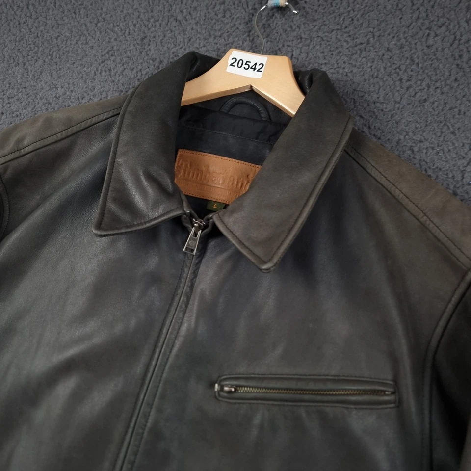 Vintage TIMBERLAND Leather Jacket Mens L Large Grey Biker Bomber Cowhide - Image 3 of 4