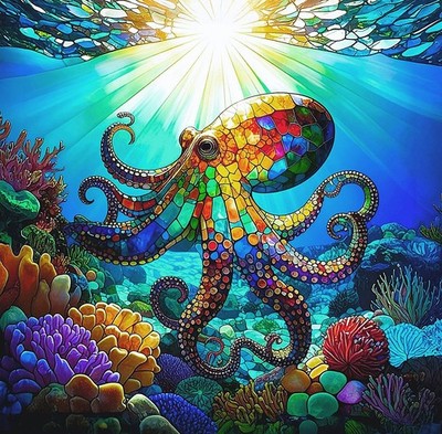Stained Glass Octopus Fabric Panel Quilt Block Under the Sea Beach Coastal Life