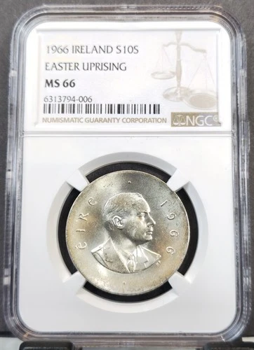 1966 IRELAND SILVER 10 SHILLING EASTER UPRISING NGC MS 66 SCARCE HIGH GRADE GEM