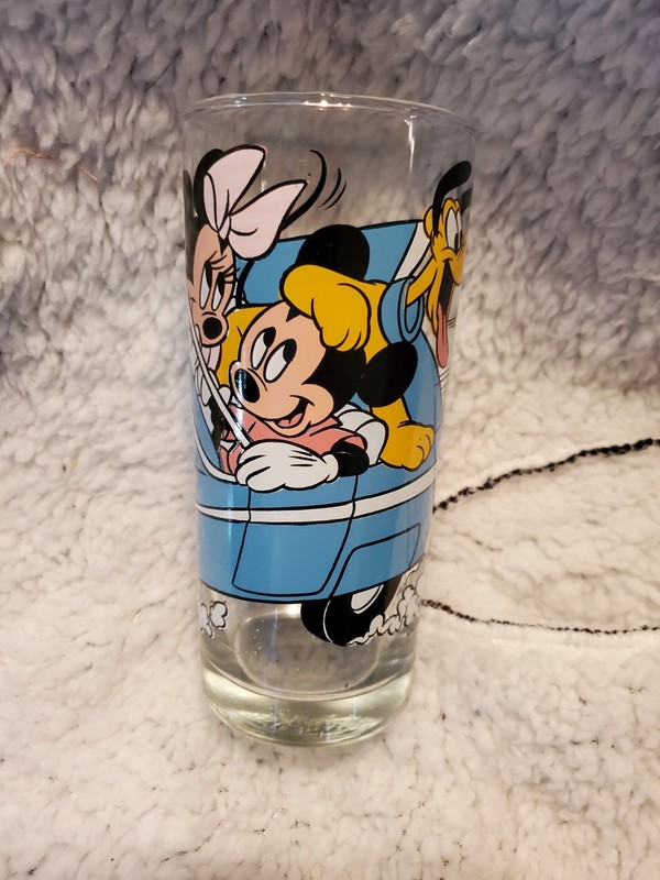 Vintage Disney Mickey Mouse Drinking Glass Cup Minnie Pluto Car