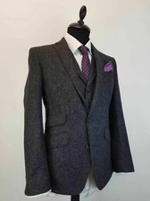 Men Wool Blend Vintage Tweed Herringbone 3 Piece Prom Groom Tuxedo Wedding Suit