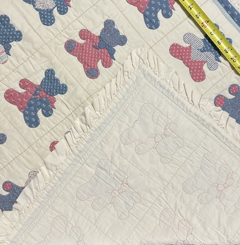 Vintage 80’s Patchwork Bears Ruffled Quilt Baby Blanket Blue/Pink/White - Picture 3 of 9