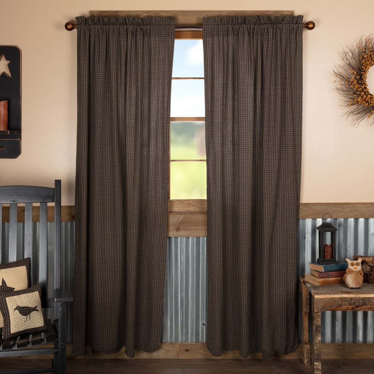 84" Primitive Farmhouse Black Star Burlap Window Curtain Panels, Tan & Black, 80" Total Width