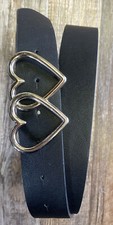 Double Heart Metal Buckle Belt Black Faux leather 1 1/4  w 36  38  40  42  Adj