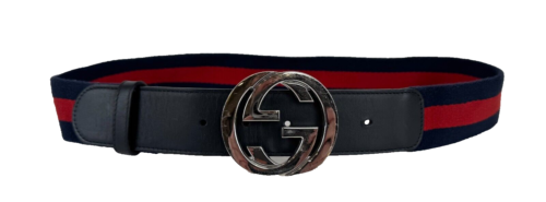 Gucci Auténtico 80 cm 32 pulgadas Rojo Azul Tela Cuero Cinturón Tono Plateado Hebilla GG - Imagen 4 de 9