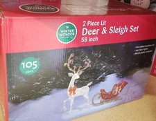 Winter Wonder Lane 2 Piece 58" pre-Lit Outdoor White Deer Sleigh Set 105 Lights