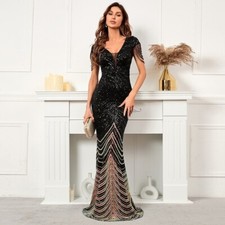Lady Sequin Evening Maxi Dress Beading Sleeve Deep V Long Formal Prom Party Fit