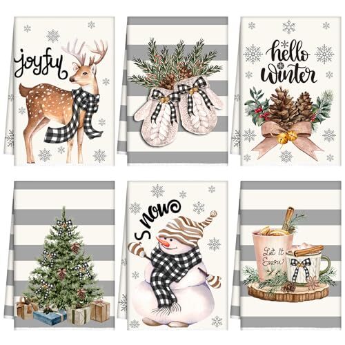 6 Pcs Winter Kitchen Towels Snowmen Deer Hand Towels 23.62 x 15.75 Inch - Picture 1 of 7