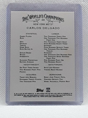 Carlos Delgado 2021 Topps Allen & Ginter - SILVER HOT BOX #333 SP New York Mets - Bild 2 von 2