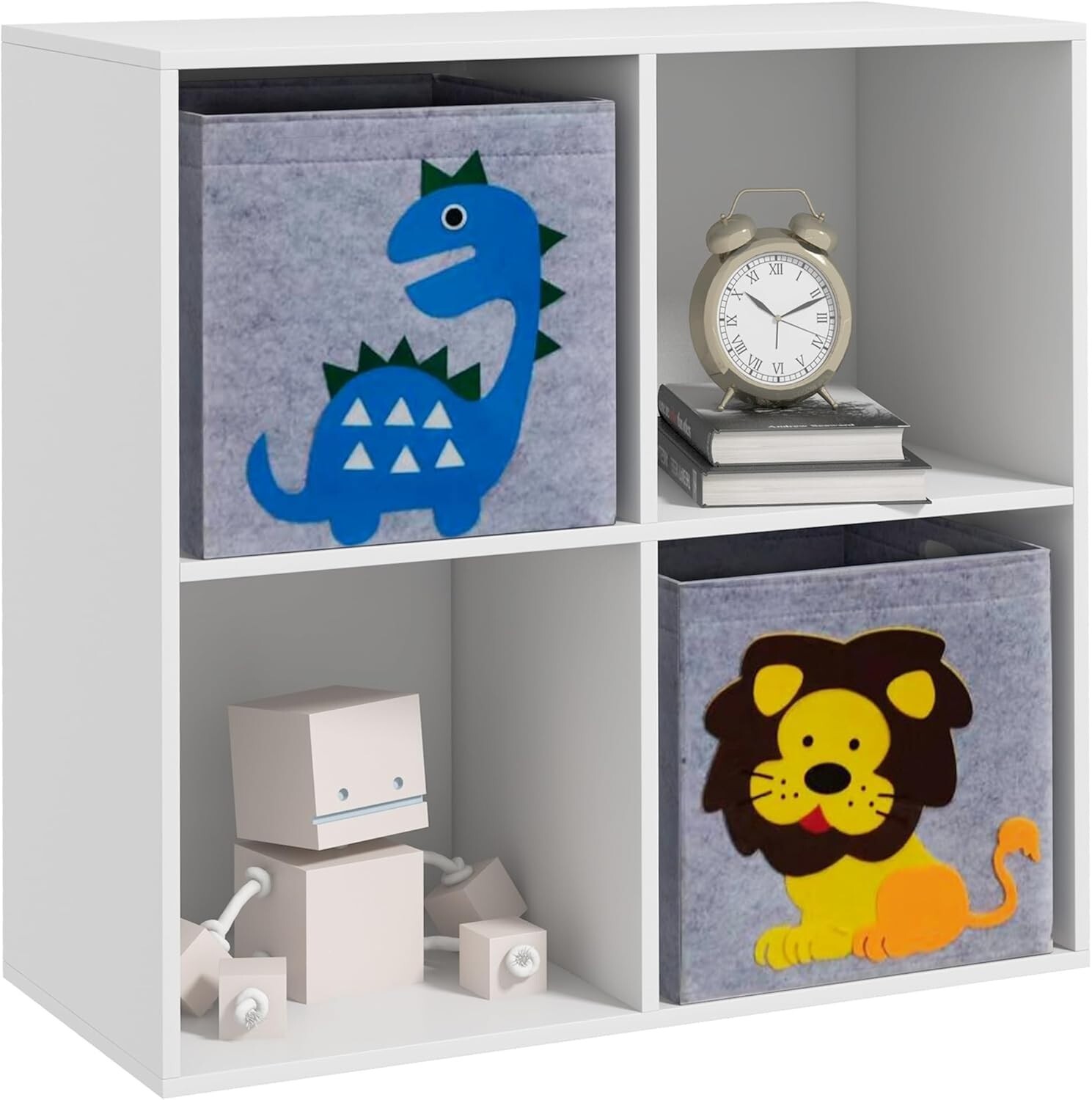 White Toy Storage Wooden Cubes Fabric Drawers Chest 4 Shelves Nursery Organiser