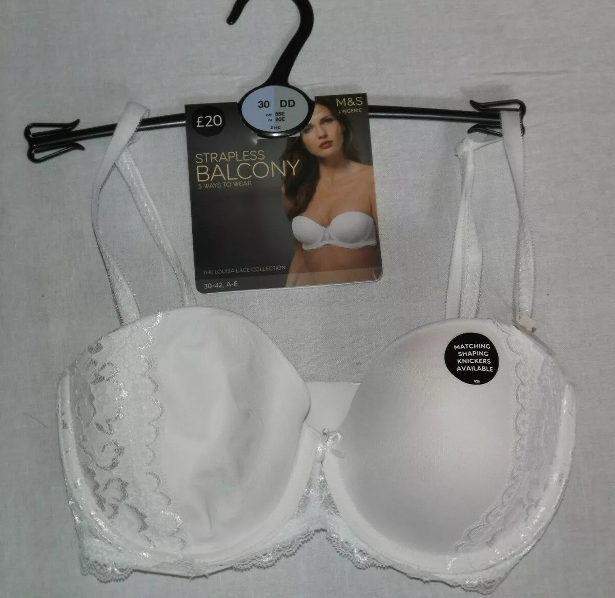 BNWT LADIES M&S UK 30DD EUR 65E WHITE STRAPLESS BALCONY LACE BRA 5 WAYS TO  WEAR