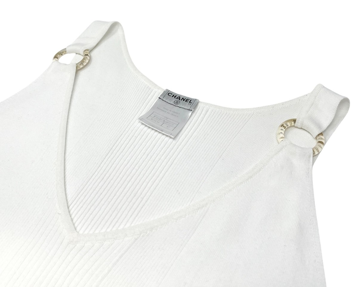 CHANEL Vintage 07P CC Logo Knit Tank #42 Camisole Rib Top White