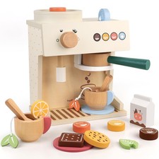 Wooden Espresso Coffee Maker Toy 18 Piece Barista Role Play Set with Pods, Cu...