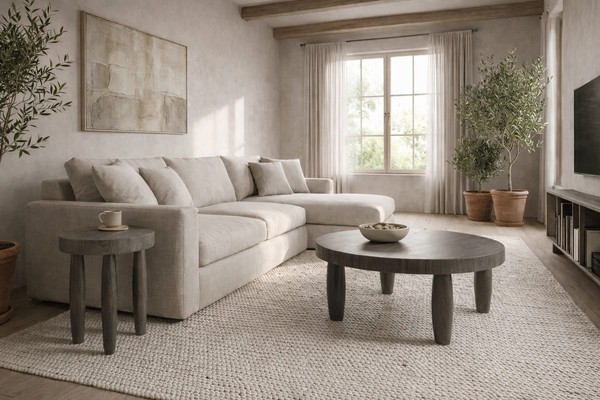 Couchtisch-Set Moderner Stil Grau Holzbeine Holzplatte Runder Tisch-image