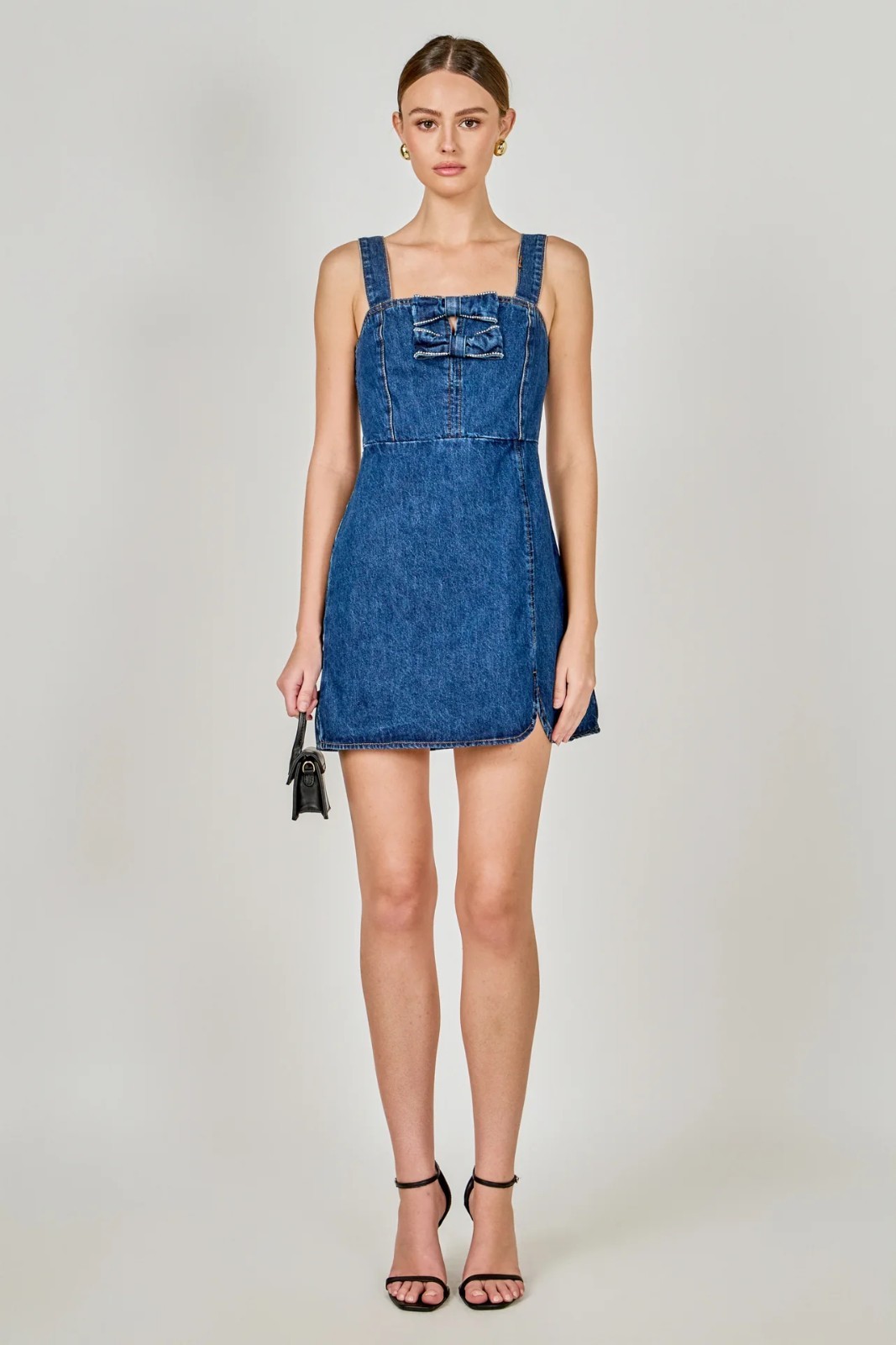 NWT Endless Rose Bow Trim Denim Mini Dress Size M Sleeveless Side Zip Lined Bow