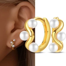 PANDACH 925 Sterling Silver Tiny Elegant Wave Pearl Hoop Earrings For Women Gift