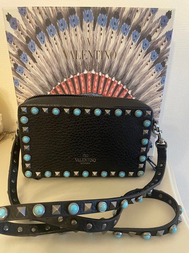 VALENTINO GARAVANI Women Rockstud Shoulder Bag Leather Turquoise design Black