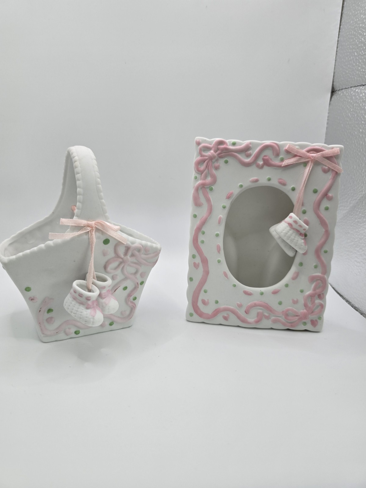 Vintage Baby Keepsake Basket and Picture Frame pink White Nursery Decor Set
