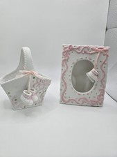 Vintage Baby Keepsake Basket and Picture Frame pink White Nursery Decor Set