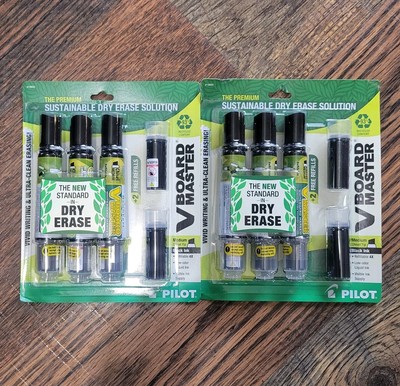2x Pilot V Board Master Dry Eras Whiteboard Markers Black Pack of 3 / 2 Refills