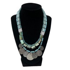 Womens Multi Strand Turquoise Beaded Necklace Silver Disc Statement Layered Boho