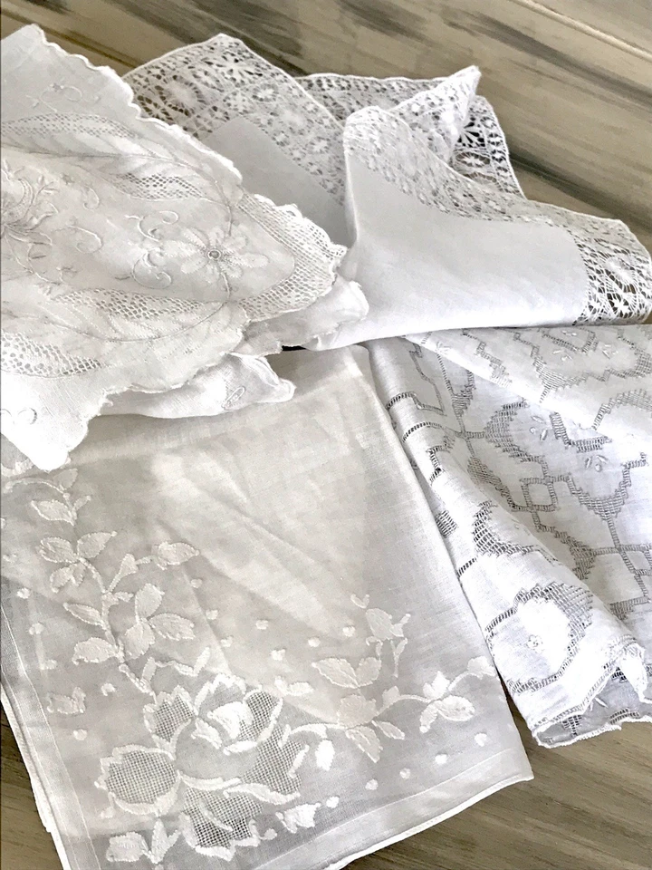 Antik 4x Taschentuch Taschentücher Stickerei weiß Batist Spitze elegant bestickt - Bild 4 von 4