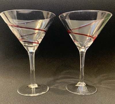 Ribbon Red Martini/Cosmopolitan Cocktail Glasses Crate & Barrel Festive NEW