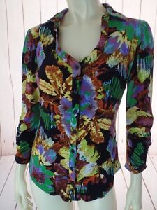 Peter-Nygard-Knit-Top-S-Multicolor-Rayon-Spandex-Stretch-Button-Front-Floral-HOT