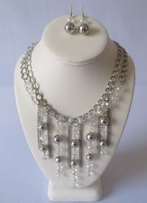 Fashion Necklace And Earring Set Silver Tone Two Line Chain With Beads Fringe.