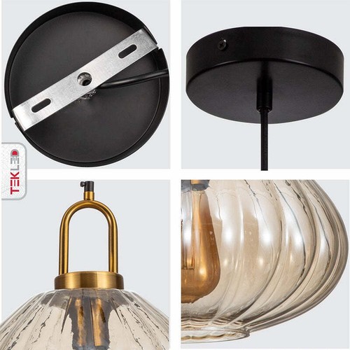 Plafoniera a sospensione globo vetro ambrato metallo bronzo dorato E27 TEKLED - Foto 4 di 8
