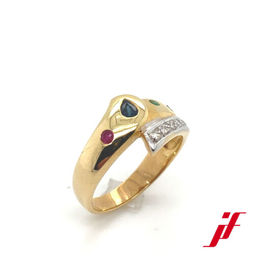 Anello IN 585 Giallo/Oro Bianco Con 1 Rubin- 1 Zaffiro - 1 Smeraldo E 6 Diamanti - Foto 2 di 3