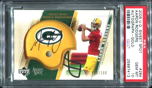 2005 UD SWEET SPOT AARON RODGERS RC /100 PSA 10 GOLD ON CARD AUTO **POP 4 ONLY**
