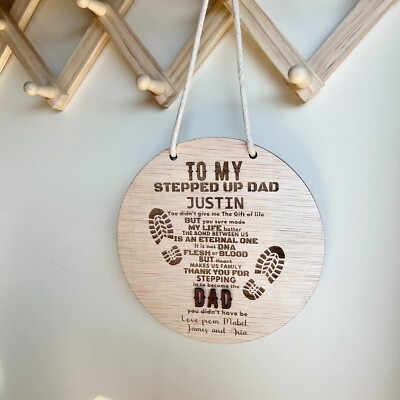 Personalised Stepped Up Dad Hanging Plaque sign Wood Engraved | Father's day 