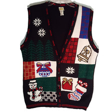 Vtg Christmas Sweater Vest Knit Large Snowman Metallic Shiny Tree Ugly Party