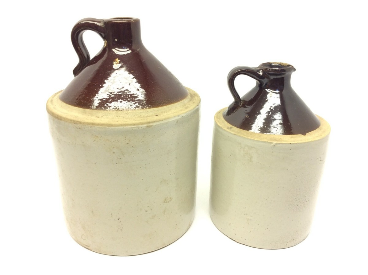 f*0様 ✩.*˚レアアンティーク ホーロー ソルトボックス✩.*˚ Two Antique Old Stoneware Salt Glaze Jugs Crocks Pitchers with
