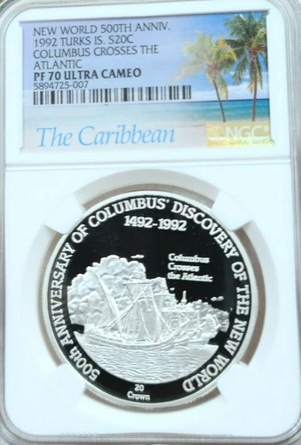 1992 TURKS & CAICOS SILVER 20 CROWNS COLUMBUS ATLANTIC NGC PF 70 ULTRA CAMEO