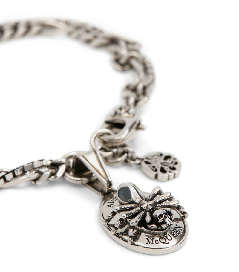 NEW $520 ALEXANDER MCQUEEN Silver Tone Brass SPIDER SKULL