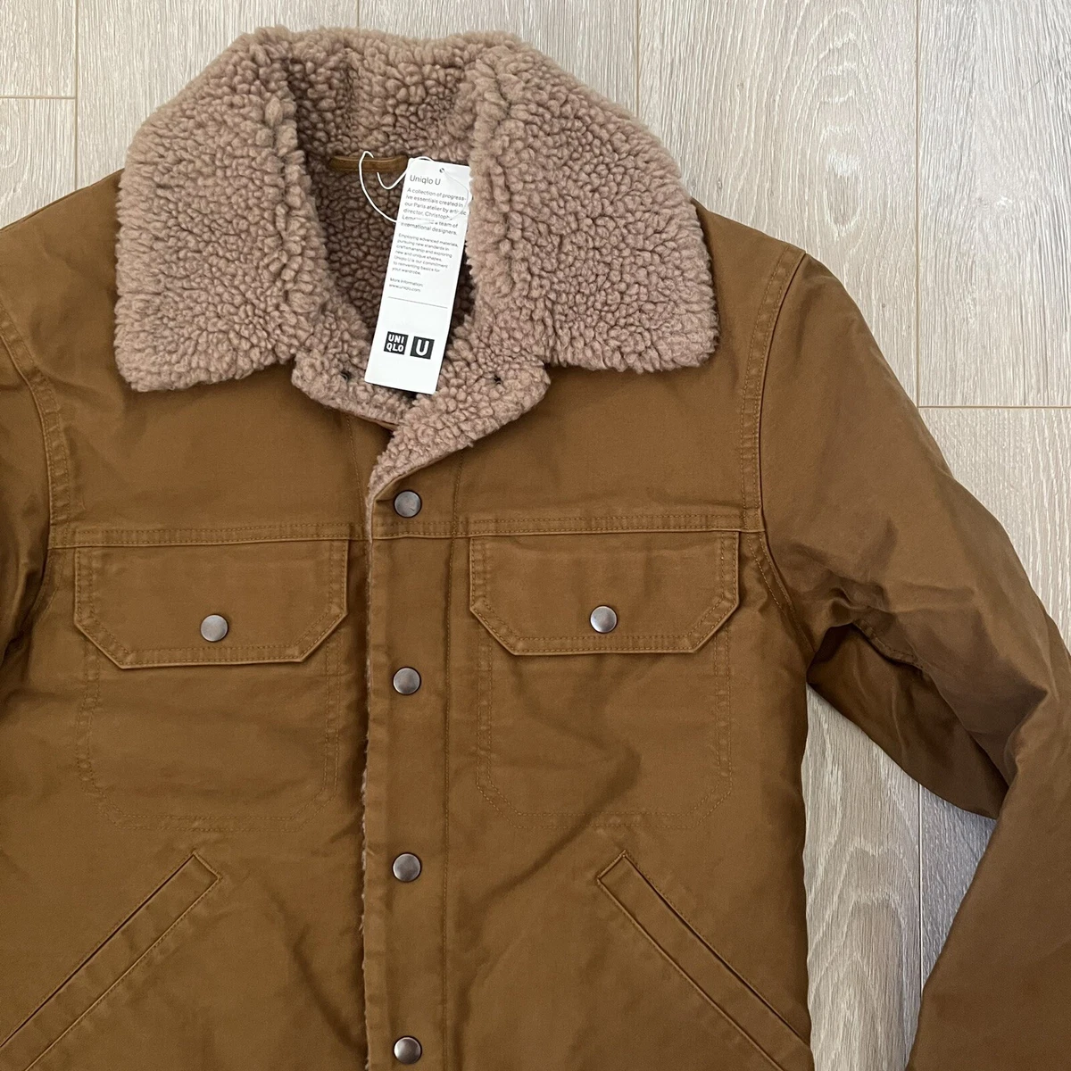 Uniqlo U Men XS Pile Lined Trucker Jacket Camel Brown Sherpa Oversized Collar
