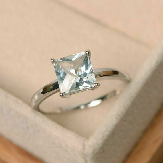 2Ct Princess Cut Aquamarine Solitaire Engagement Ring In 14K White