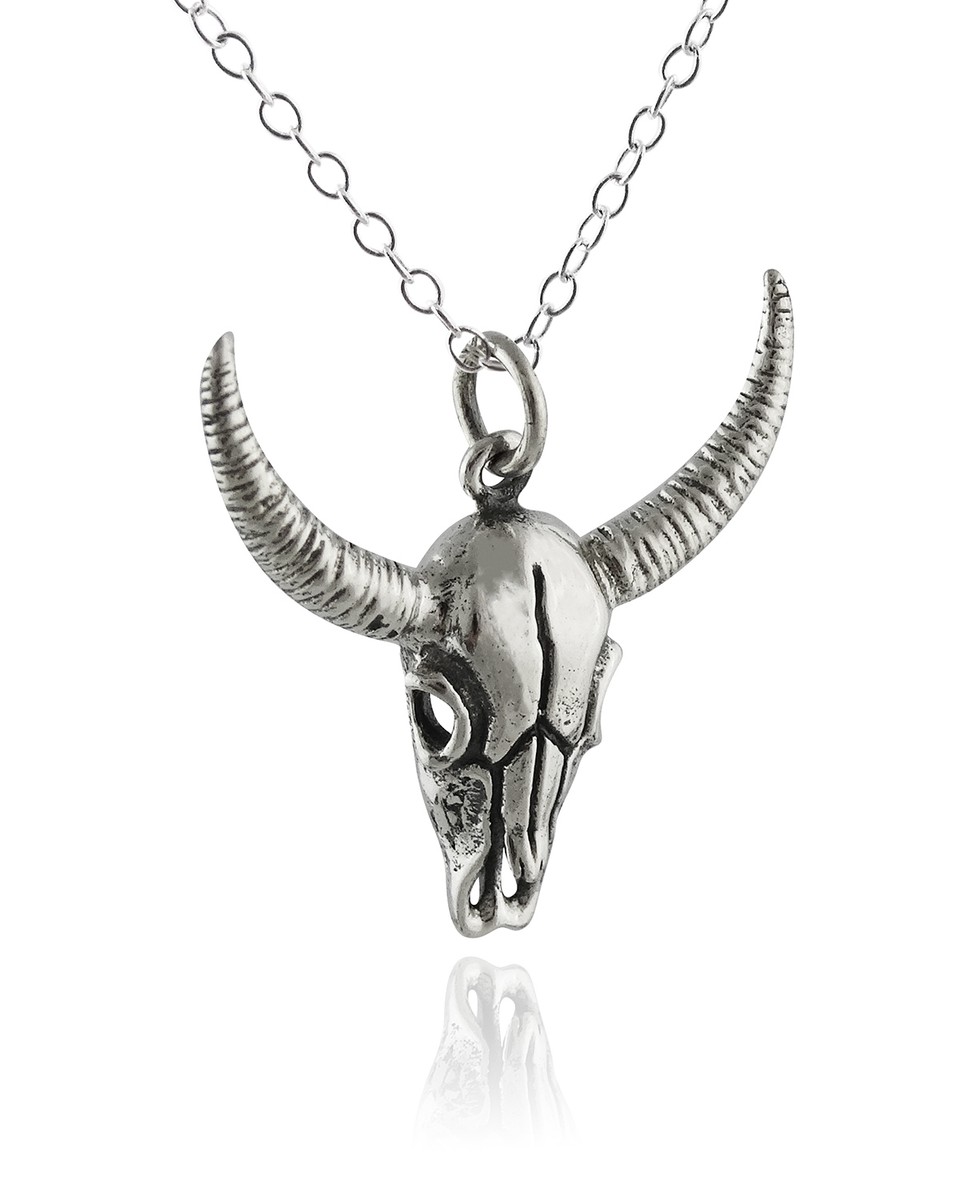 Cow Skull Pendant Necklace - 925 Sterling Silver Bull Horns