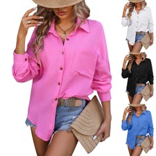 Womens Button Down Long Sleeve Shirt Casual Work Office Blouse Top V Neck Shirt