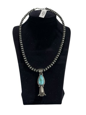 Navajo Pearls Necklace Pendant Sterling Gold Turquoise 16  5mm Statement