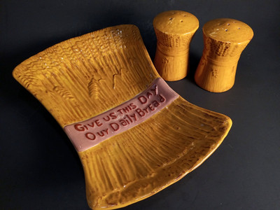 1970s Our Daily Bread Wheat Sheaf Tray Set w/ Salt & Pepper Shakers (AS IS)
