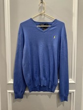 NWT Polo Ralph Lauren 100 Pima Blue Cotton V-Neck Sweater Yellow Pony Men's M