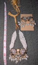 White Gold Tone Pearl Crystal Necklace  Earrings Set Round Adjustable Fashion