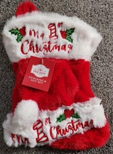 Holiday Time Red  White Plush Baby's First Christmas Holiday Stocking Cap Set