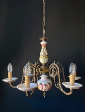 lampadario antico in ceramica e ottone a sei bracci, italia anni '60