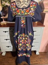 Beautiful Navy Blue Mexican Oaxaca Dress Multi Color Embroidery Sz Large.