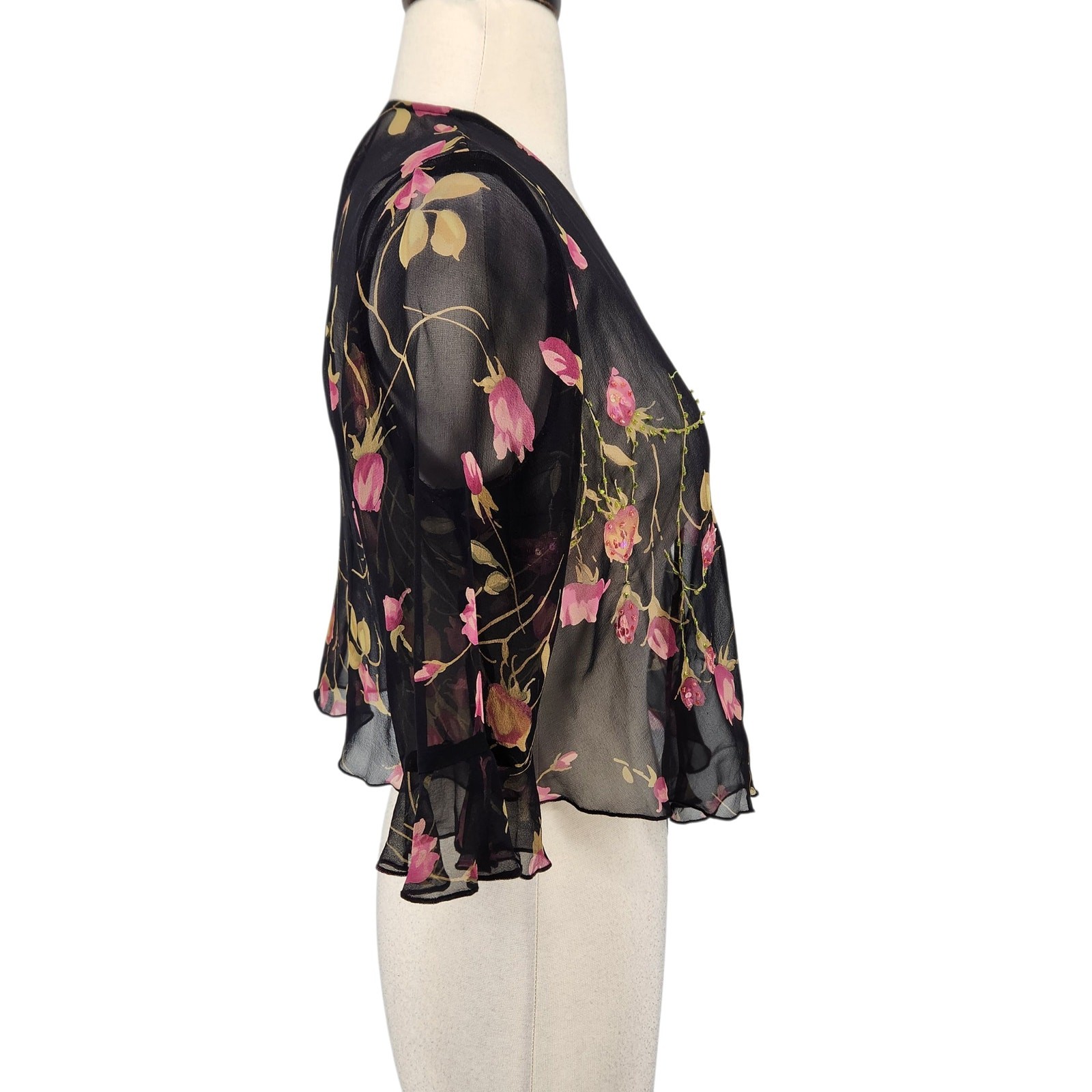 Robbie Bee 90s Silk Dress Set – Black Floral Sheath Dress Matching Sheer Jacket